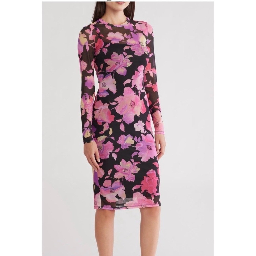 AFRM Black Floral Midi Dress with Pink and Purple Blooms